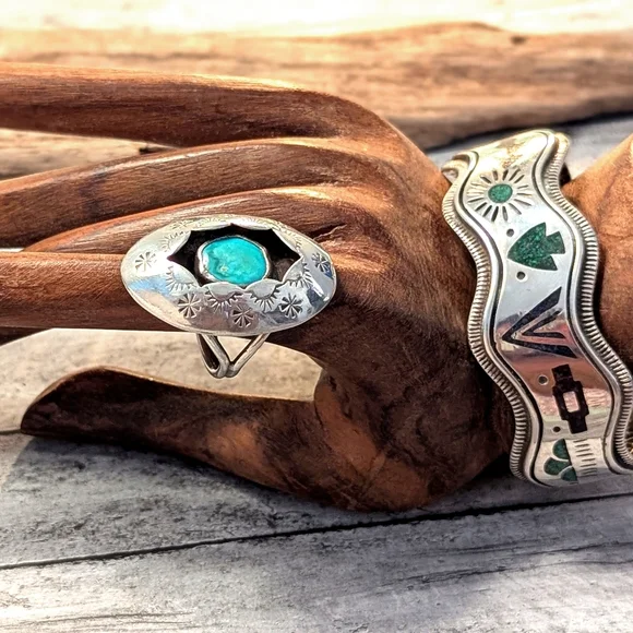 Carolyn Pollock Vintage Rare Storyteller Sterling & Inlay Stone Cuff Bracelet - Picture 10 of 10